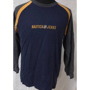 Nautica Jeans Co Mens M Blue Grey Yellow Logo Long Sleeve Heavy Spellout T-Shirt